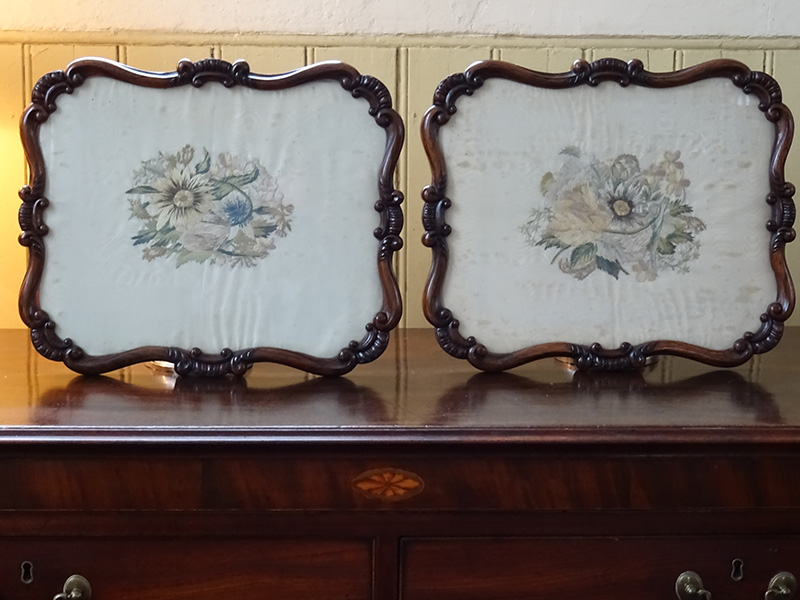 Pair antique rosewood framed silk panels